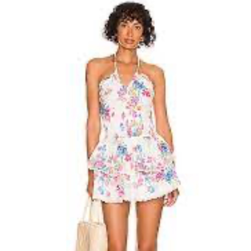LoveShackFancy Halter Mini Dress Floral White Size Small